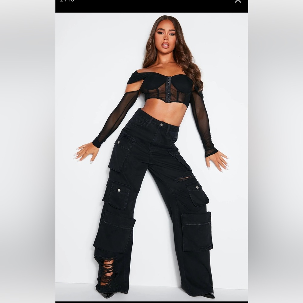 Lily High Rise Distressed Cargo Jeans - Black